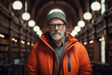 Fototapeta premium Portrait of a content man in his 50s wearing a windproof softshell on classic library interior
