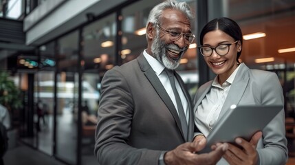 Male and young female colleague enjoying a laugh while looking at a tablet. Generative AI.