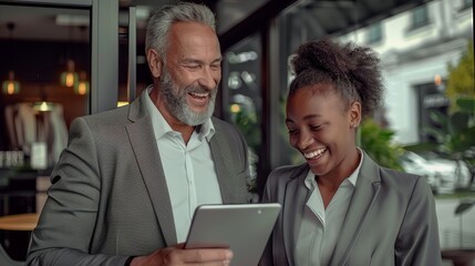 Male and young female colleague enjoying a laugh while looking at a tablet. Generative AI.