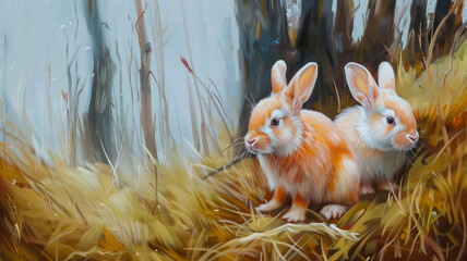 Forest Wildlife.  Generated Image.  A digital illustration of realistic wildlife in a peaceful forest painting. Rabbit. Bunny.