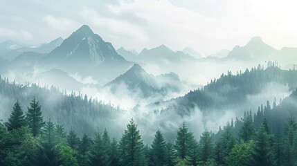 Foggy mountains landscape Smoky rocky panorama with mountain and trees forest , scenery illustration art 