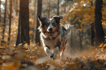 A dog is running through the woods, enjoying the fresh air and the natural surroundings. The dog appears to be happy and energetic, as it runs through the forest