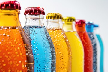 A row of soda bottles with different colors and flavors. The bottles are lined up next to each other, with the top of each bottle visible