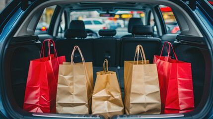 A car trunk is full of shopping bags, including a few red ones. The bags are piled on top of each other, creating a sense of abundance and excitement