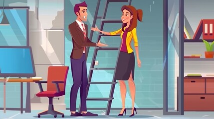 Modern banner with cartoon illustration of businessman welcoming woman employee at the start of career path poster. Modern banner with cartoon illustration of girl worker and ladder to professional