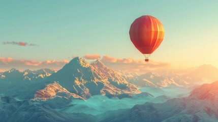 A low poly hot air balloon floating above mountains.