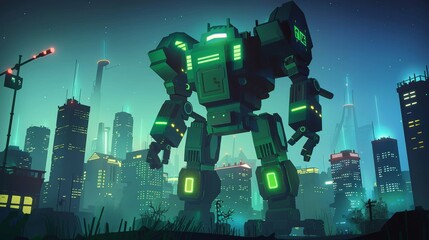 Transformer robot battle in futuristic night city. Robotics artificial intelligence technologies cyborg, military combat exoskeleton character, alien cybernetic warrior Cartoon modern.