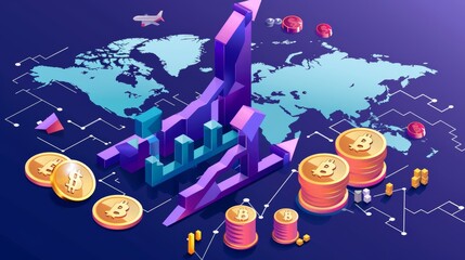 A financial crisis isometric landing page. Decline arrow chart at coins and on the world map. Global finance problems, bankruptcy, recession graph.