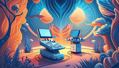 Imagining the future: AI-generated ultrasound lab illustration showcasing cutting-edge technology in healthcare diagnostics.