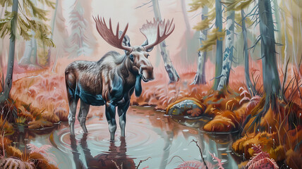 Forest Wildlife.  Generated Image.  A digital illustration of realistic wildlife in a peaceful forest painting. Moose.