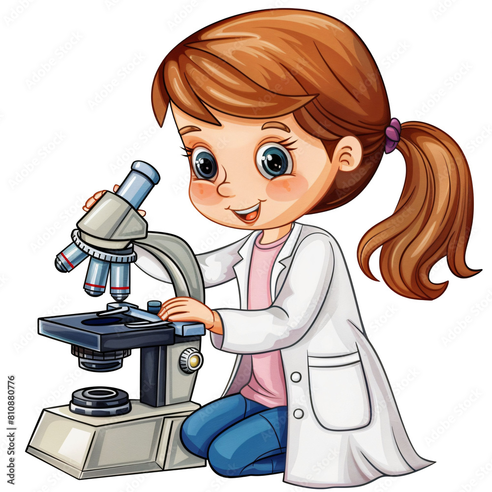 Wall mural girl in a science lab coat with a microscope die cut png style isolated on white and transparent bac