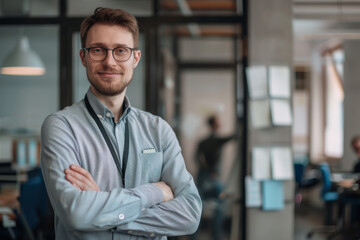 Fototapeta premium Man With Glasses Standing in an Office. Generative AI