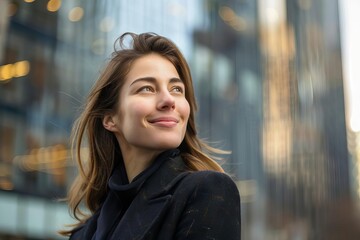 smiling businesswoman looking at city confident downtown london portrait