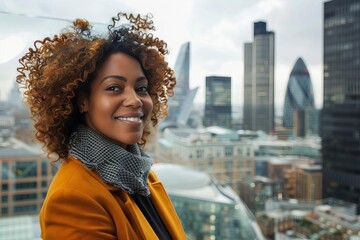 smiling businesswoman looking at city confident downtown london portrait