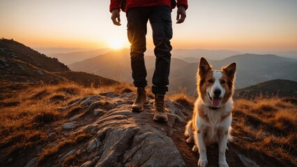 A man with a dog on top of a mountain