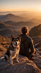 A woman with a dog on top of a mountain