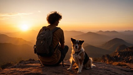 A man with a dog on top of a mountain