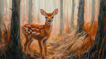Forest Wildlife.  Generated Image.  A digital illustration of realistic wildlife in a peaceful forest painting. Deer. Fawn.