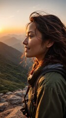A smiling woman on top of a mountain