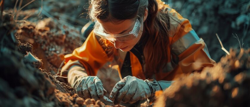 An archaeologist discovers ancient civilization artifacts and fossils at an excavation site, and studies them under the microscope.