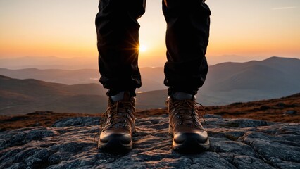 Close up of hikers boots enjoying the sunset on top of the mountain