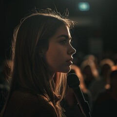 Woman in the audience at a meeting speaks into a microphone