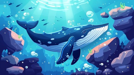 Blue whale swimming in the ocean with rocks around. Marine animal, wildlife creature in sea environment, aquatic life, ecology conservation, save the planet, cartoon modern illustration.
