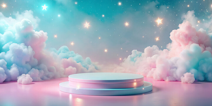 cute 3d podium presentation with clouds pink  blue soft light 