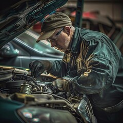 Fototapeta na wymiar auto mechanic repairing a car under the hood