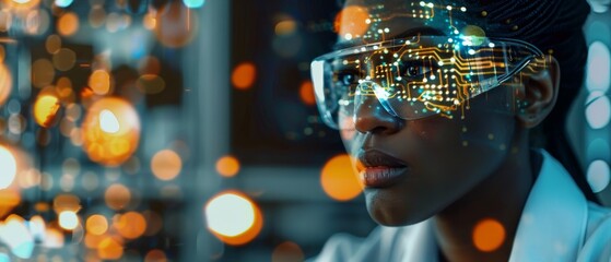 Fototapeta premium A black female engineer solders the motherboards of a computer. Scientists design PCBs, silicon microchips, and semiconductors. Close-up of the female engineer.