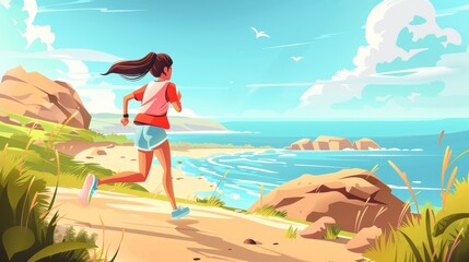Cartoon poster of a woman running, sports workout, girl running by road with ocean and rocks landscape in the background. Modern illustration of a woman running outdoors, exercising, jogging, or