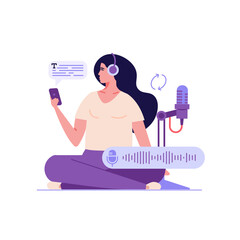Concept of voice recognition, speech scanning, voice to text, speech recognition service. User recognizing voice and translating to text with speaker. Vector illustration in flat cartoon design
