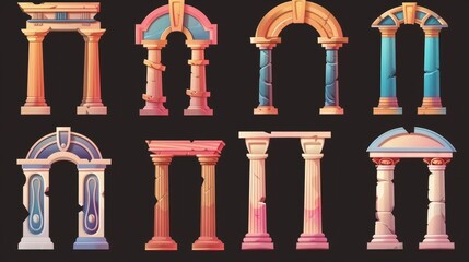 An antique greek, roman, and arabic stone arch in modern format. Old architecture elements in modern format, isolated on black. - obrazy, fototapety, plakaty
