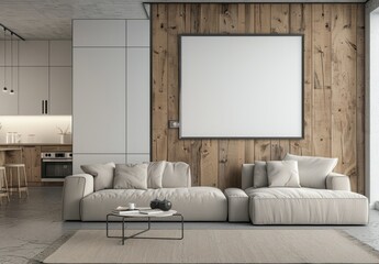 A modern apartment interior with wooden wall panels, white walls and light grey sofa in the corner of room