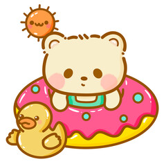 Handdrawn illustration Cute kawaii yellow teddy bear summertime beach summer travel vacation clipart greeting card party invitation