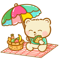 Handdrawn illustration Cute kawaii yellow teddy bear summertime beach summer travel vacation clipart greeting card party invitation