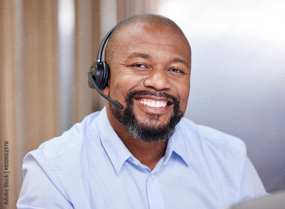 Wall mural call center, portrait and headphones of a black man with smile. from telemarketing and customer serv