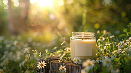 A white candle glass jar soy wax with aromatic oil or serum on nature blur background effect, bridal shower , gift ideas, cosmetic products design mockup ,  Concept of beauty