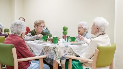 Senior women having lunch together at dining table in nursing home
