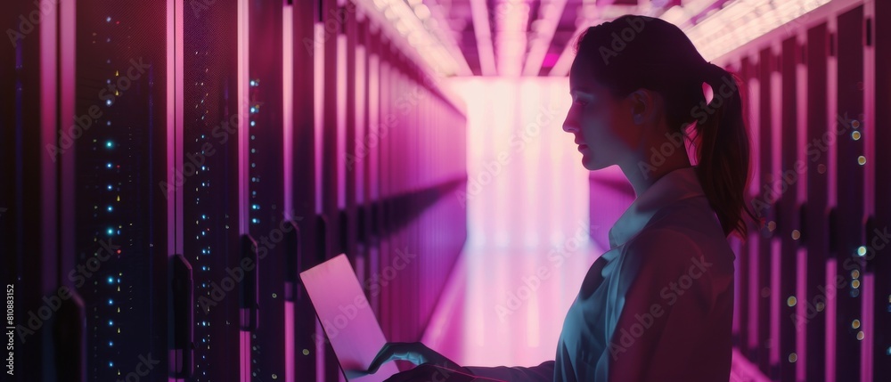 Poster an it professional working in a data center using a laptop. an it professional performing diagnostic