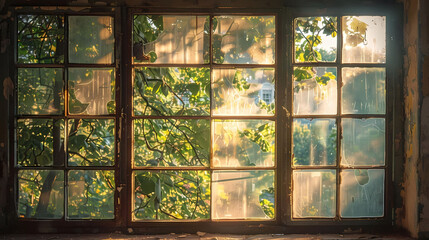 sunlight through rustic window frames in an old building