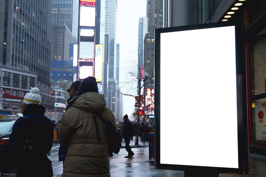Blank mock up of vertical street poster billboard on city background