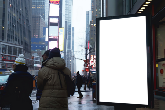 Blank mock up of vertical street poster billboard on city background