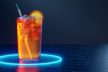 Party glass of cocktail or cold drink in hypnotic neon light colorful 