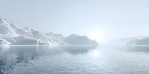 Arctic mist, morning landscape depicting solitude and peace, icy water, glaciers, white glowing panorama, reflection, snow, ice, cold