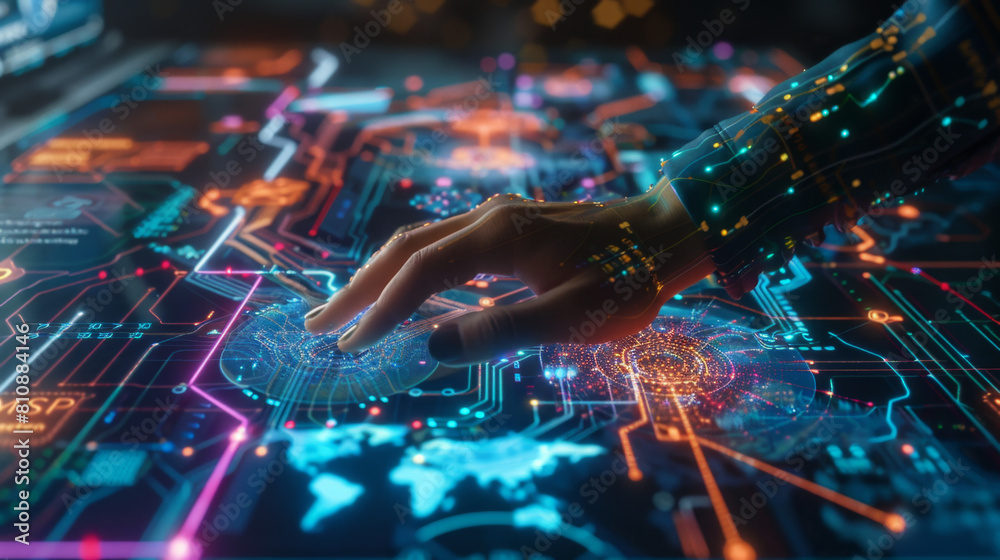 Poster a close-up image of a hand interacting with a futuristic digital interface displaying a glowing worl