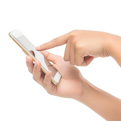 Fototapeta premium Young woman hand holding mobile smartphone with blank screen isolated on white background