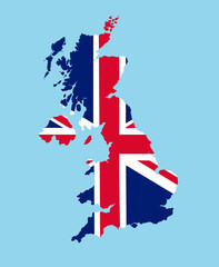 Map of Great Britain in national flag colors. Map illustration of European country.