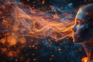 Orange glowing lines create an intricate network of connections in an abstract digital art design, resembling a futuristic interface