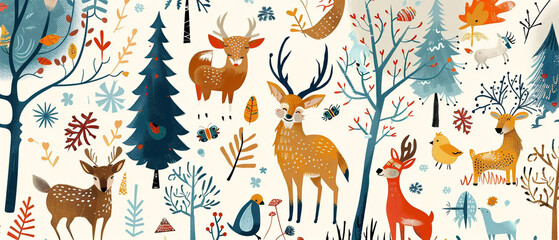 Colorful Scandinavian folk art print featuring charming motifs such as flowers, birds, and animals.